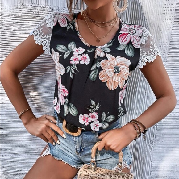 Boho floral print lace trim  blouse - Picture 4 of 6